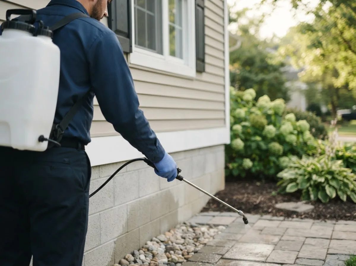 Pest control technician inspecting a home in Manchester, OH